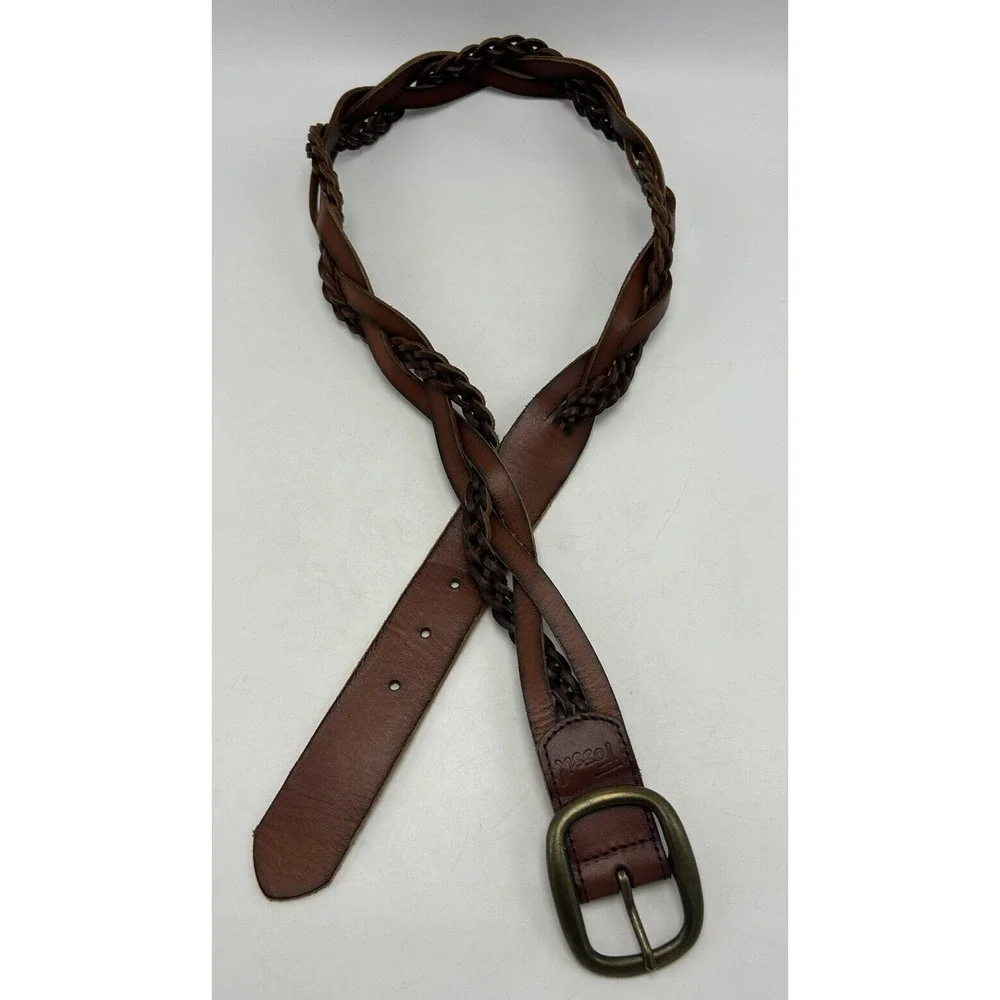 Fossil Womens Belt Braided Leather Woven Boho 1.25
